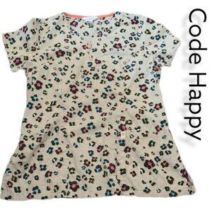 Code Happy Small Brightly Colored Animal Print Scrubs Top